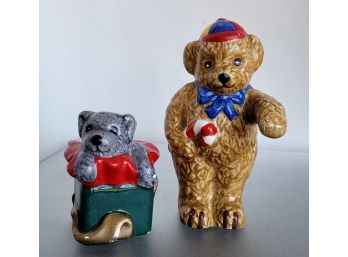 Adorable Holiday Theme Bear & Puppy In A Gift Box Salt And Pepper Shakers