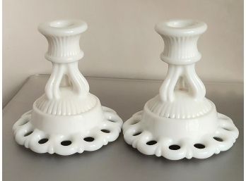 Westmoreland Doric Lace Milk Glass Vintage Candlestick Pair