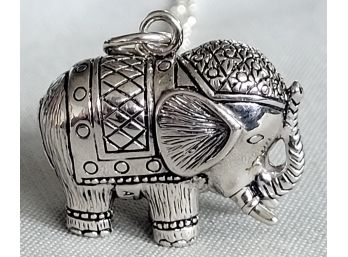 Fabulous Trunk Up Sterling Silver Elephant Dimensional Pendant Necklace