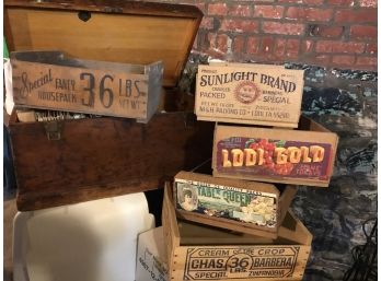 Vintage English Hinged Trunk And Produce Boxes