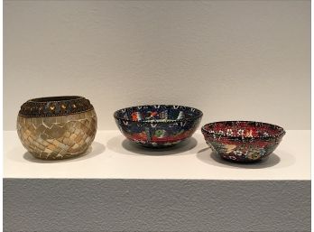 Two Decorative Bowls And A Mosaic Votive Holder
