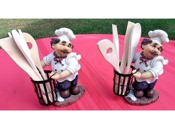 2 Chef Utensil Holders With Wooden Spoons