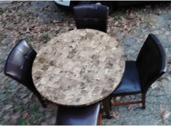 Stone Table And 4 Brown Leather Chairs