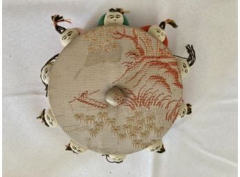 Cute Fabric Round Trinket Box With People All Around The Sides.