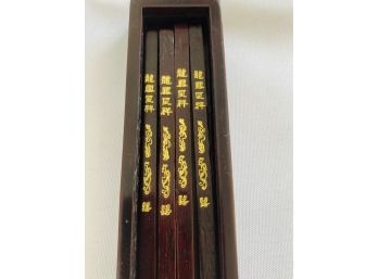 Very Nice Set Of 2 Wooden Chopsticks Engraved And In Wooden Box