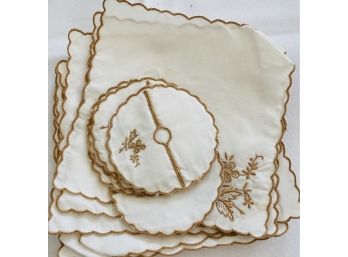 Vintage Embroidered Luncheon Set Flower Motif White With Tan