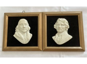 Two Framed Relief Portraits Of Thomas Jefferson And Ben Franklin On Black Velvet In Gold Frames Of Wood