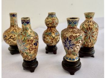 Five Beautiful Golden Cloisone Vases On Little Stands