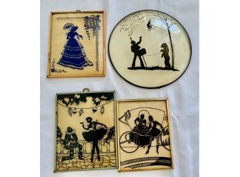 Four Early 1930 Silhouettes Reverse Painted On Convex Glass