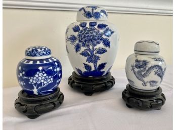 3 Blue And White Ginger Jars On Stands