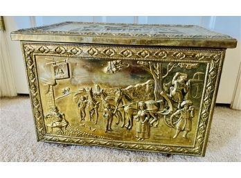Welsh Style Brass Clad Trunk With Red Lining And 2 Scenes