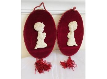Two Velvet Oval Plaques One Of A Boy And One Of A Girl In Porcelain By Capodimonte Made In Italy
