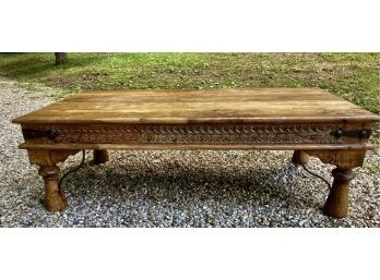 Beautiful All Wood Coffee Table Hand Carved  Sides  And Nice Metal Accents