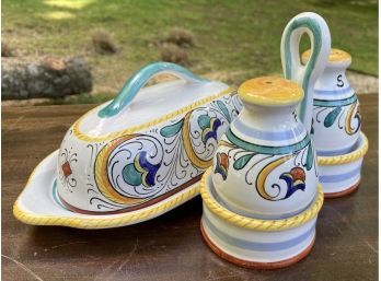 Italian Ceramic Hand Painted From Italy Butter Dish And Salt And Pepper Very Nice