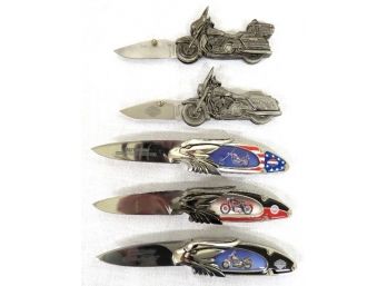 Lot Of 5 Harley Davidson Collector Knives, - 3 By Franklin Mint Eagle Head Lockbacks, 2 Motorcycle Knives