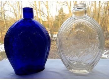 Pairing Of Figural Flasks - George Washington And Eagle/Grapes In Vivid Cobalt Blue!