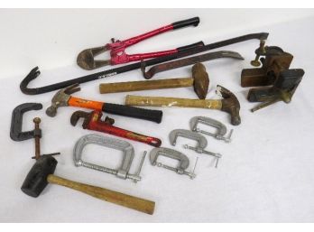 Hand Tool Lot - Hammers, Clamps A Vise & More