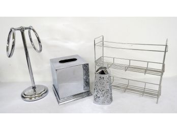 Chromed Bathroom Accessories Set - Towel Holder, Tissue Box Cover, Soap Dispenser Cover & Rack