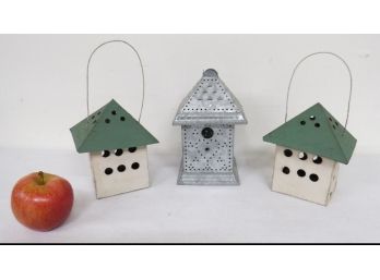 Lot Of 3 Country Primitive Bird House Tin Candle Boxes