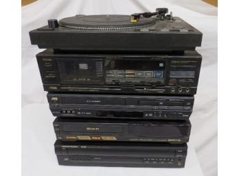 Stack Of Vintage Stereo Components, Turntable, VCR/DVD, Tape Deck - Teac, JVC, Gemini, Etc.