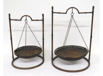 Pair Of Indonesian Brass Finish Bamboo Style Hanging Scale Pans 18' & 22' High - Nice Kitchen Items