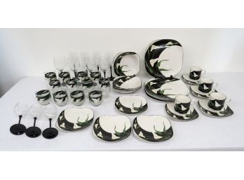43 Piece Set - Sango Quadrille Black Lilies #5101 China Set W/Matching Glassware