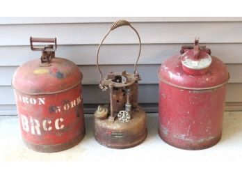Pair Of Eagle Safety Kerosene Cans 1950's-60's Iron Workers Union & Montgomery Ward Powr-Kraft Kerosene Stove