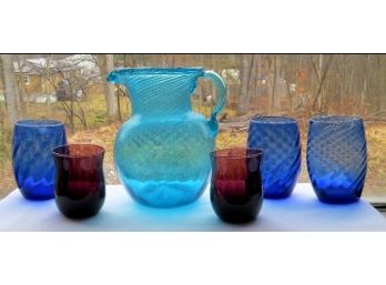 Lot Of Mixed Brightly Colored Blown Glass Tumblers & Pitcher Open Pontiled