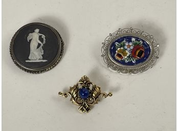 3 VINTAGE PINS, INCLUDES WEDGEWOOD, ITALIAN MICRO-MOSAIC AND GOLD FILLED FOLIATE PIN W/ LAPIS