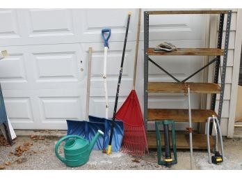 Collection Of Outdoor Tools Including Shelving Unit, Sprinklers, Water Can, Shovels And Rack