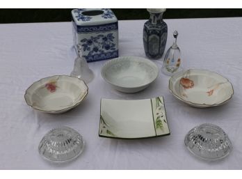 Small Collection Of Collectible Houseware's Including Bells, Dishes, Candlesticks Etc.