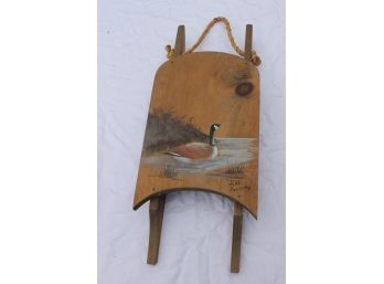 Signed Vintage Wall Hanging Duck Painting On Wood Sled