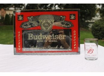 Budweiser KING OF BEERS Glass Mirror Sign & Bud Glass With Gold Trim