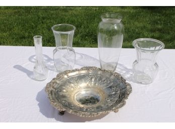 Collection Of Glass Vases And Possibly A Silver Plate Fruit Bowl