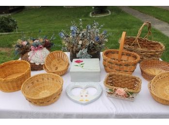 Lot 1 Of Collectible Baskets 12 In All Plus Tin And Duck Heart Ceramic Wall Hanger
