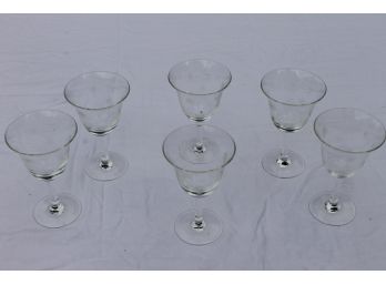 Set Of Six Etched Glass Wine Glasses