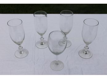 Set Of Four Large 9' Wine/Water Glasses With One Collectible Church Street Station Glass From Orlando