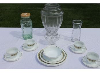 Lot Of Vintage Everyday Ware Including Corelle, Pyrex, Crystal & Glass Jars