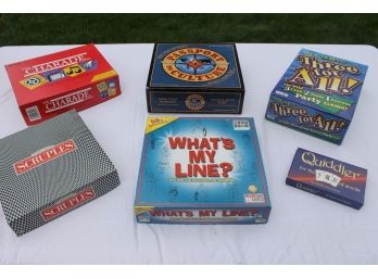 Set Of 6 Board Games Including Scruples, Charade, Three For All, Quiddler, Passport Culture & What's My Line