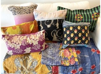 Set Of 9 Handmade Vintage Kantha Throw Pillows From India