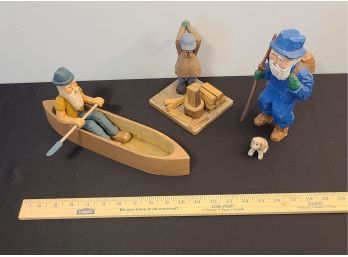 3 Hand Carved Wooden Figures By Russ Clark, 1994, 1996, 1998, EUC