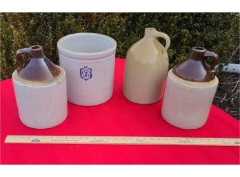 3 Crock Jugs And A Stoneware Crock