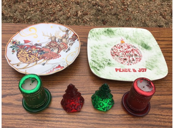 Christmas Lot - William Sonoma Twas The Night Plate, Peace And Joy Plate, Glass Christmas Trees And Candles