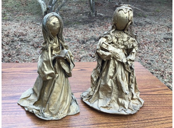 Mother Mary And Angel, Gold Painted Fabric (feels Like Paper Mache), Twine Hair - 12H