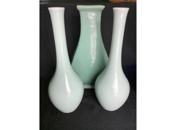 Celadon 3pc Vase Lot - Two Gumps Japanese Slender Porcelain Vases And Antique Vase 10H