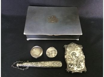 Sterling Silver Match/Stamp Case, Snuff Tins, And Pencil Case With Chatelaine - Silver Plated Cigarette Box