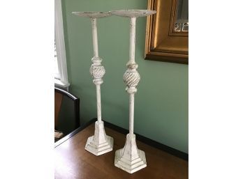 Pair Of Tall Iron Candlesticks, White With Soft Gold Highlights - 18.25H