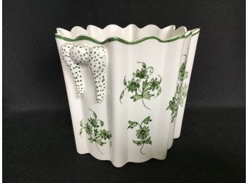 Pretty Green And White Floral Planter With  Bow Handles, Portugal