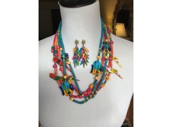 Two Fun Tropical Wooden Necklaces And Whimsical Complementary Earrings