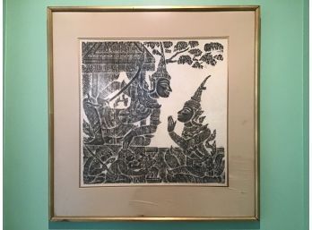 Vintage Thai Temple Charcoal Rubbing On Rice Paper, 1950s-60s